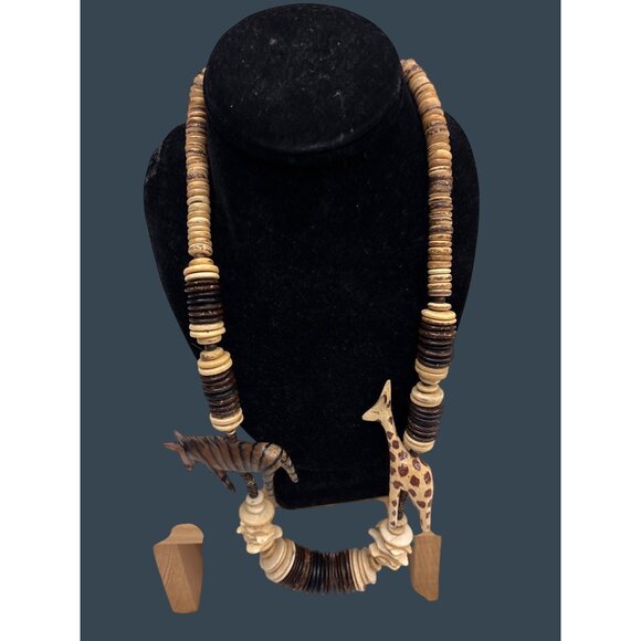 Handmade Wooden Beaded Necklace With Carved Giraffe & Zebra Pendants - Picture 12 of 15